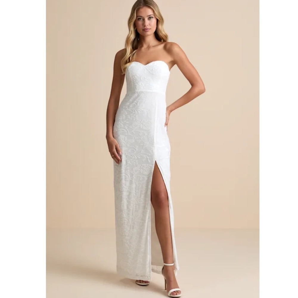Lulus Exquisite White Velvet Burnout Floral Strapless Maxi Dress Side Slit Small